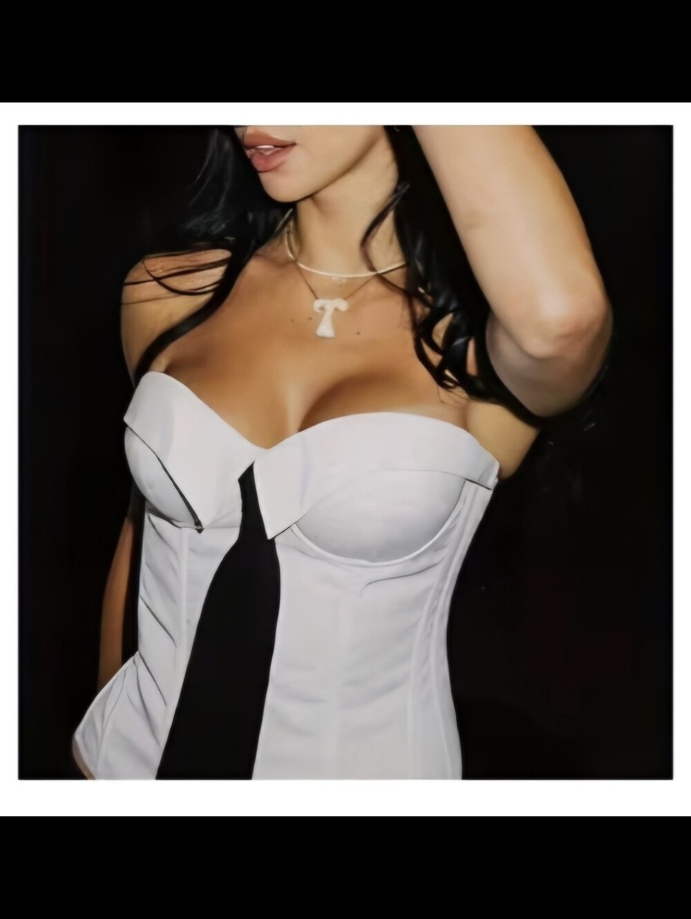 White Strapless Corset Top with Black Neck Tie
